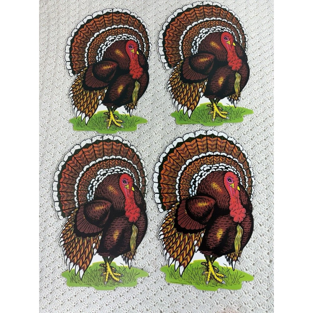 Vintage 1970's Beistle Die Cut Turkey 17x11” Thanksgiving Decoration Set Of Four